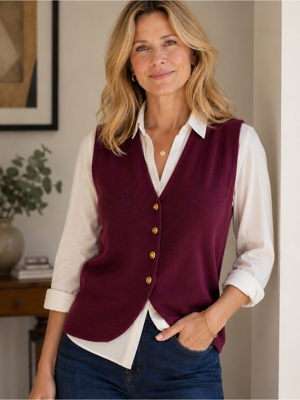 Tabi International Women’s Plum Button-Front Vest - Classic Layering Piece Wool